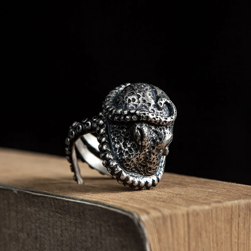 MKENDN Sea Animal Gothic Ring 100% 925 Sterling Silver Octopus Biker Ring For Men and Women Street Hip Hop Punk Dark Jewelry