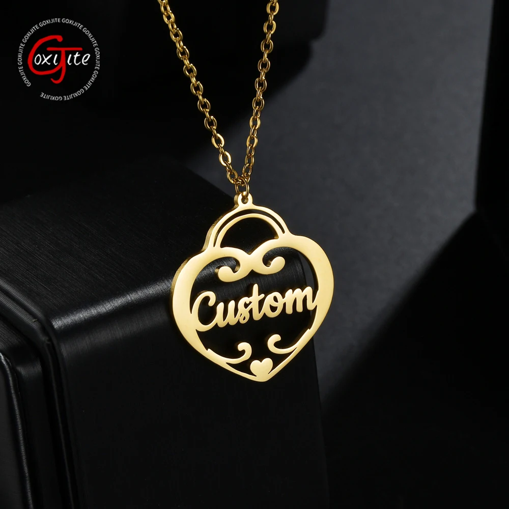 

Goxijite Stainless Steel Name Necklace For Women Personalized Heart Name Necklace Custom Nameplate Choker Pendant Necklaces Gift