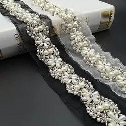 1Yard 5.5 centimetri bianco/nero perla in rilievo lace trim da sposa sash Cintura Da Sposa perline Passamanerie gioielli Trim