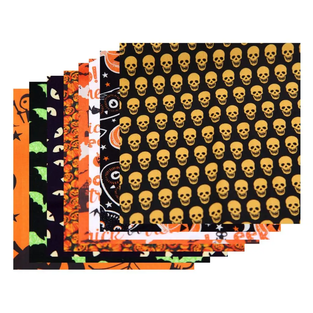 8Pcs Pumpkin Cat Owls Skull Fabric 25cm Printed Halloween Decorative 100% Cotton for Home Upholstery Halloween Theme Decoration