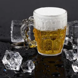 Creative Cool Lovely Mini Resin Crafts Beer Car Keychain Unisex Women Men Simulation Beer Cup Pendant Keyring Car Accessories