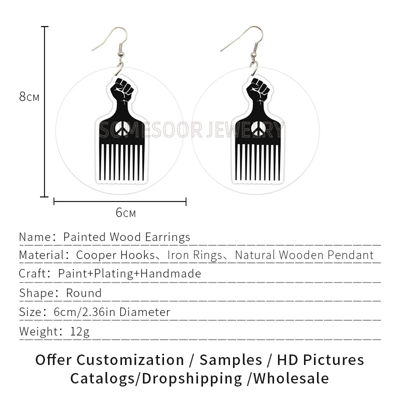 SOMESOOR Both Sides Print Afro Comb Power Fist Wooden Drop Earrings Peace Symbol African Wood Ear Dangle Jewelry For Women Gift