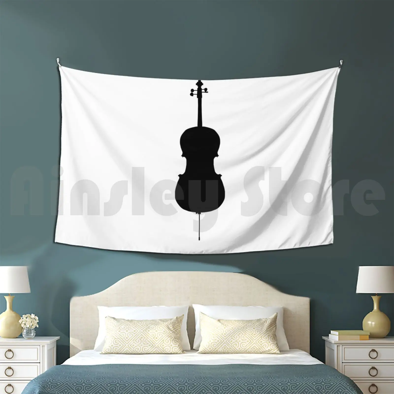 Cello Silhouette Tapestry Living Room Bedroom Weird Cute Weird Different Random Simple Unique Indie Black White