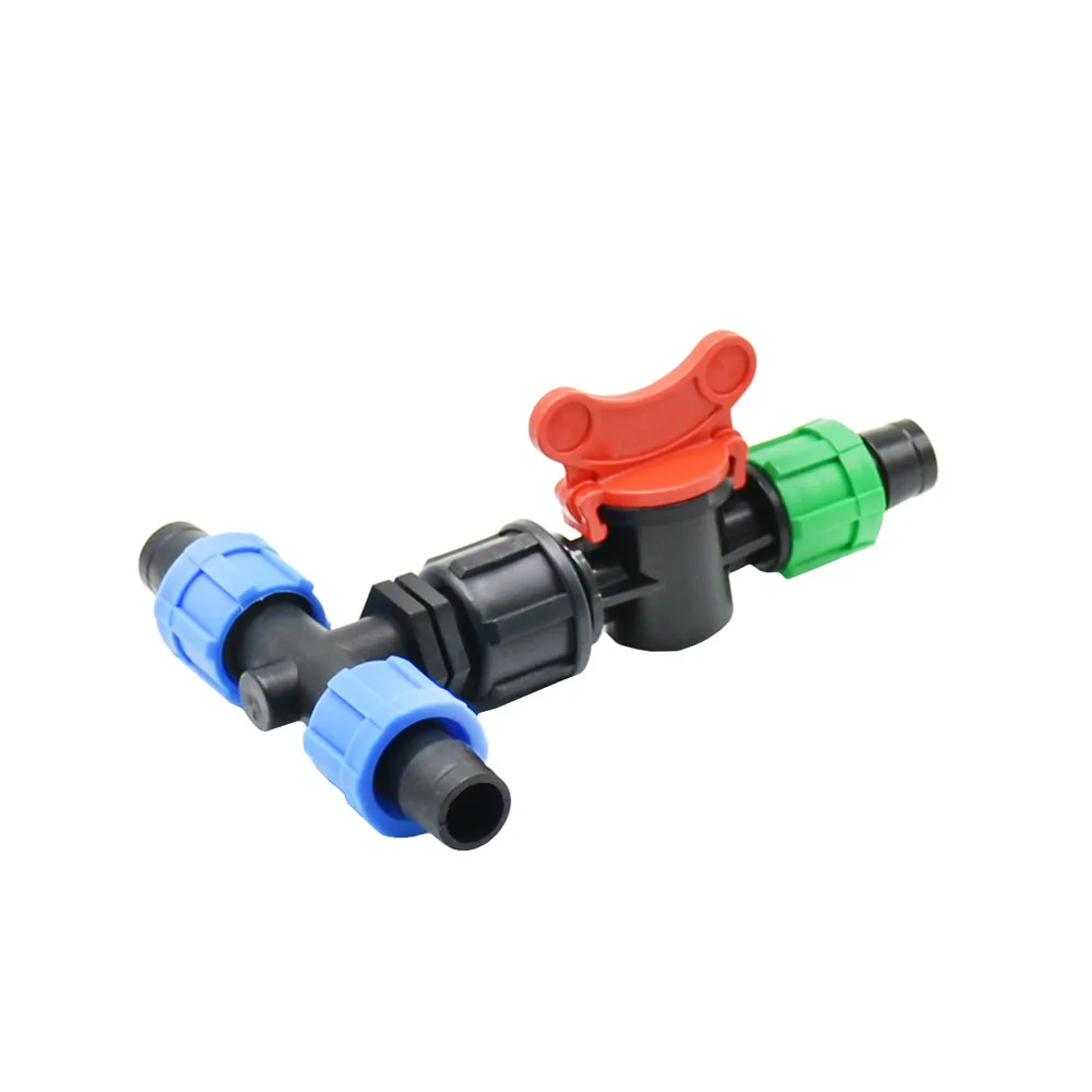 

16mm Irrigation Drip Tape Connector Tee Hose Splitter Coupler With Valve Agricultural Irrigation Hose Joint With Lock Nut