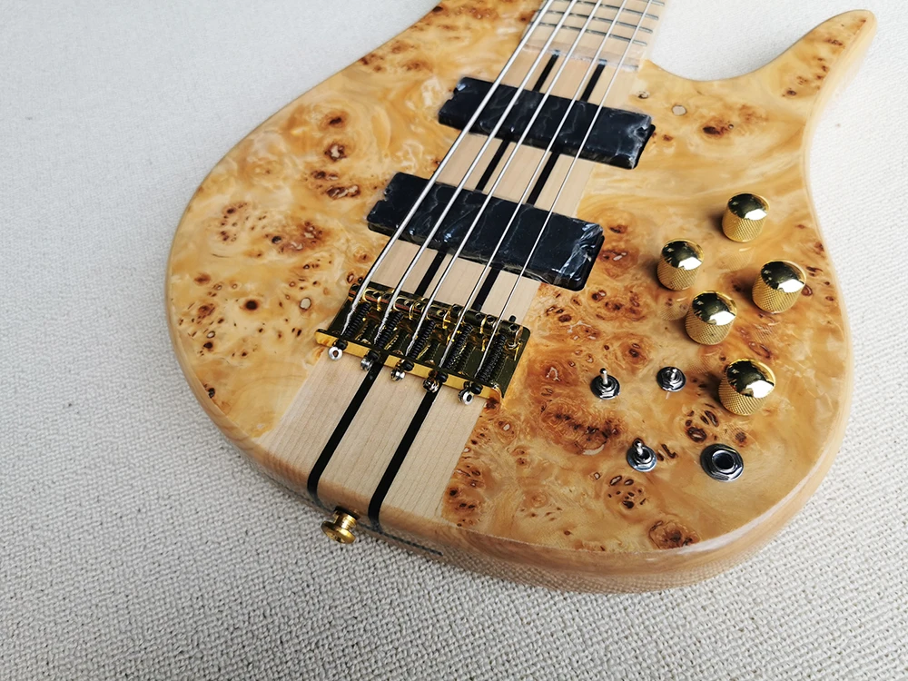 5 Strings Natural Wood Color Neck-thru-body Electric Bass Guitar with Bark Grain Veneer,Maple fretboard