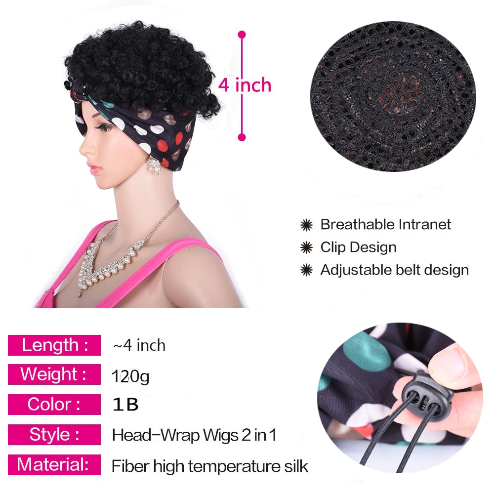 Short Afro Puff Hair Bun Turban 2 in 1 Drawstring Headwrap Synthetic Kinky Curly Updo Wig for Black Women