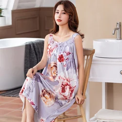 Sexy Sleeveless Long Nightgown Womens Sleepwear Ice Silk Lace Night Dress Novelty Night Gown Sleep Wear Lingerie Dress