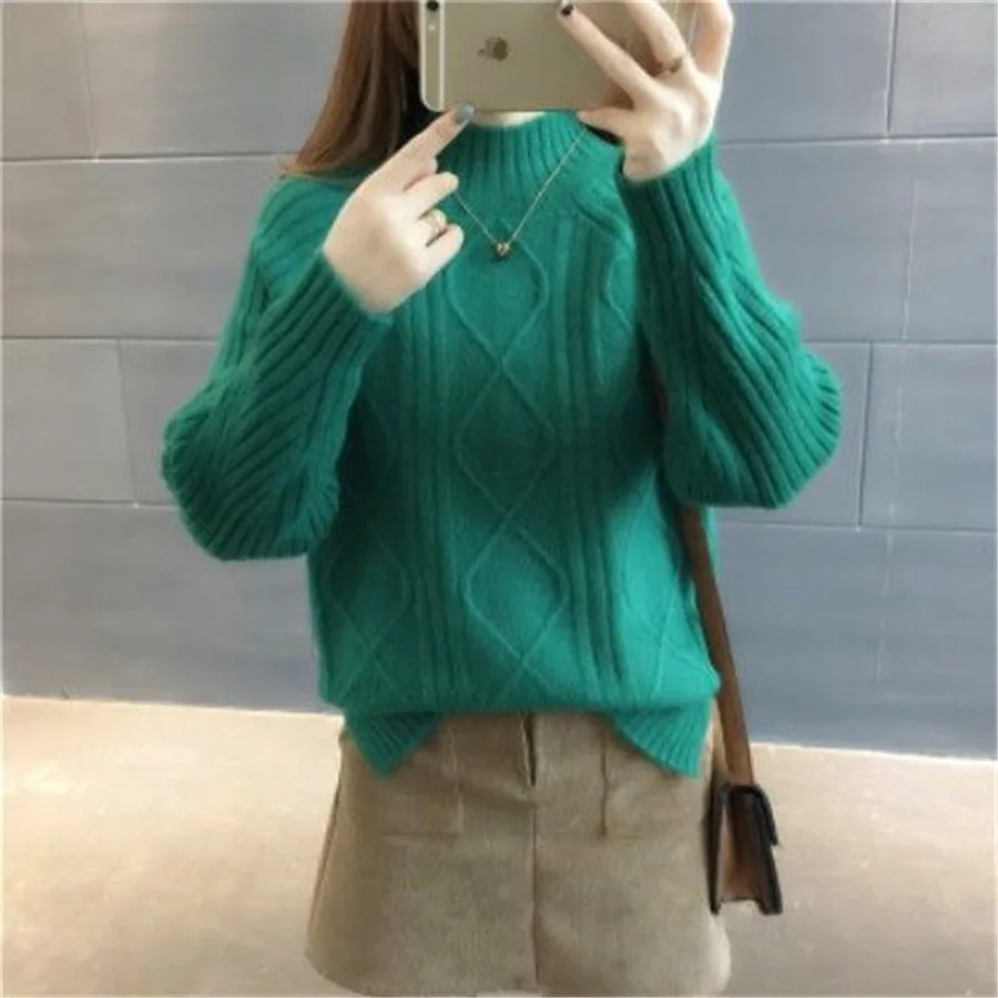 Sweater Rajutan Wanita Lengan Panjang Pullover Rajutan Turtleneck 2021 Atasan Jumper Wanita Solid Longgar Musim Gugur & Musim Dingin Korea