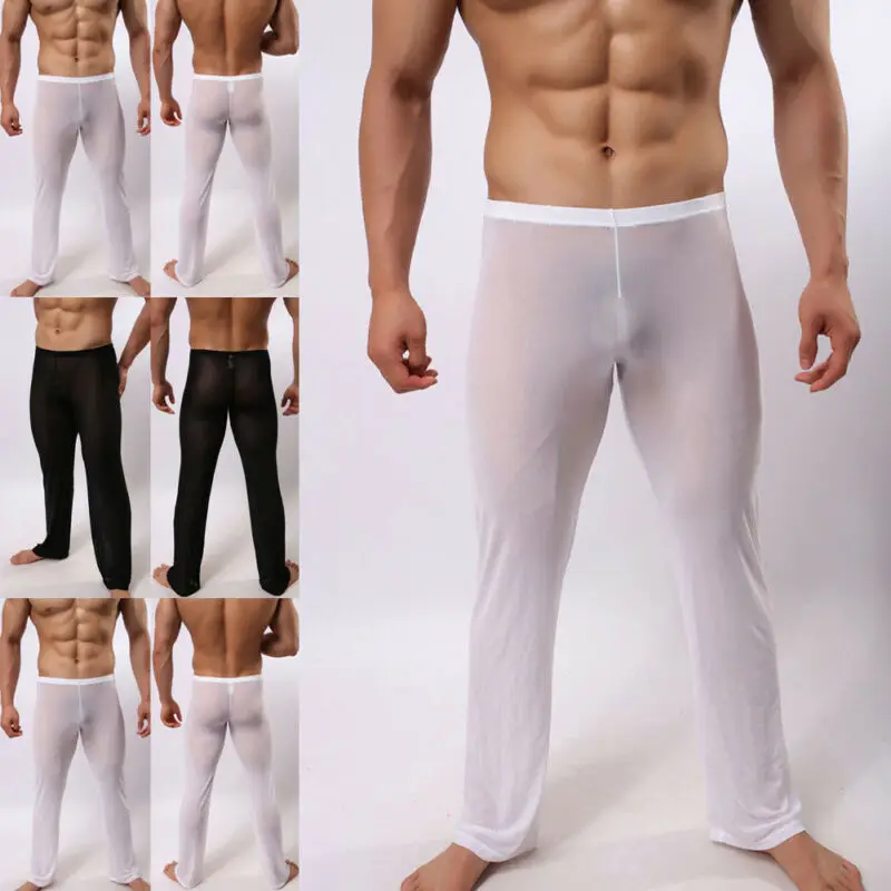 Hiriginr-Pantalones elásticos transparentes de malla suave para hombre, ropa de dormir Sexy, ropa de casa transparente