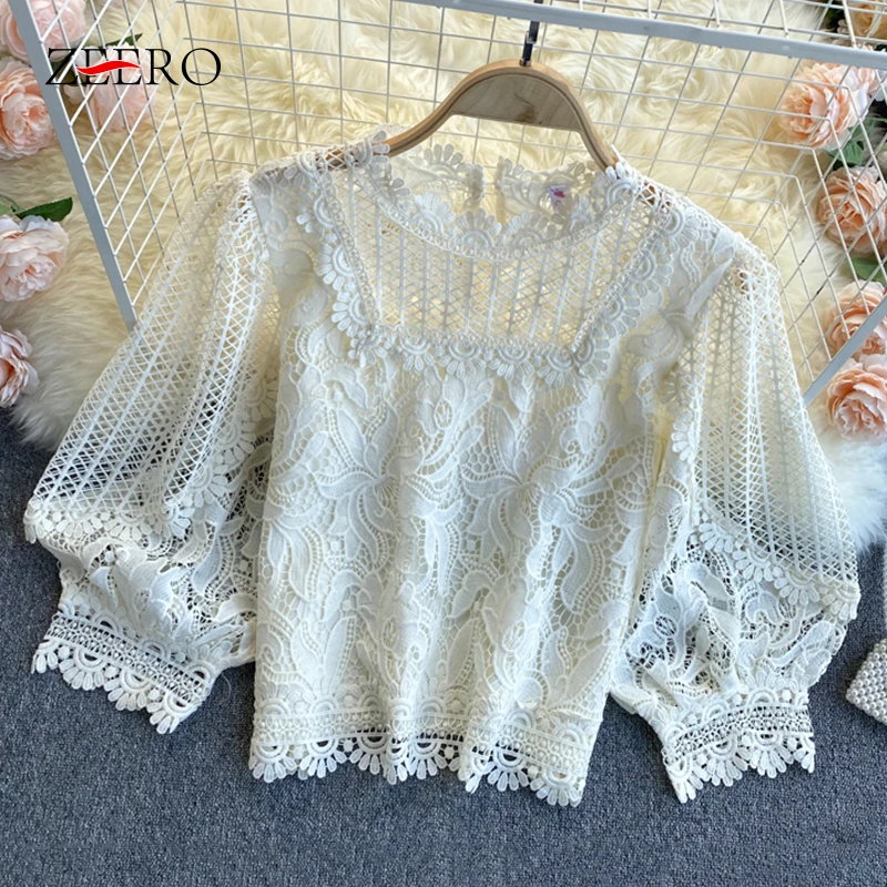 

Summer Korean Women Sexy Sweet Tops Female Lantern Half Sleeve O-Neck Hollow Out Lace Pullover Top Vintage Casual Short Blouses