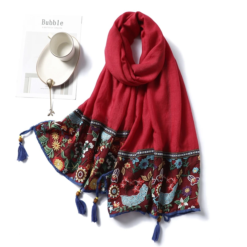 Lace Embroidery Cotton Scarf Women Vintage Floral Print Shawls and Wraps Tassels Pashmina Lady Foulard Hijab Muslim Sjaal