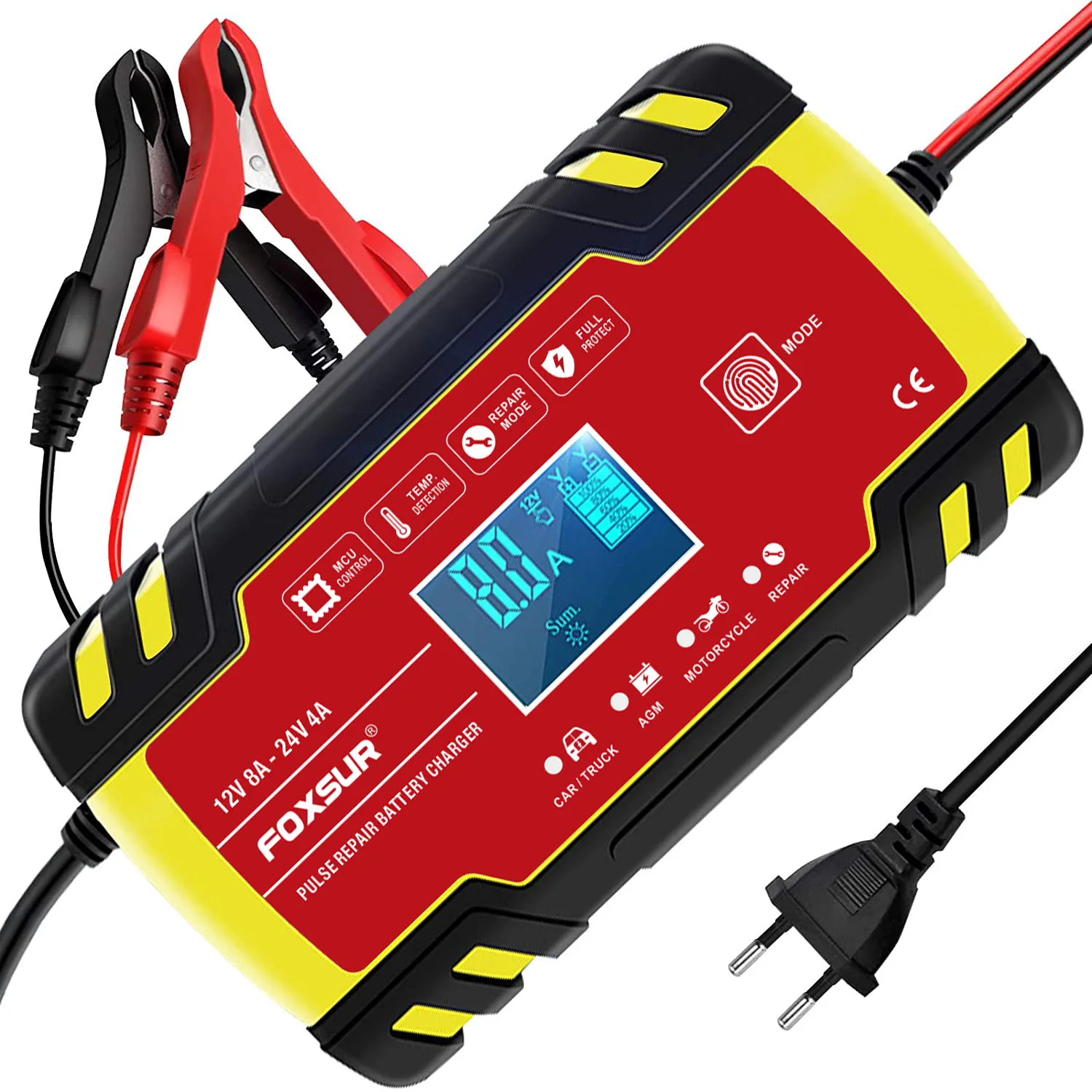 Foxsur 12v-24v 8a carro motocicleta carregador de reparação de pulso automático completo bateria-carregadores display lcd digital