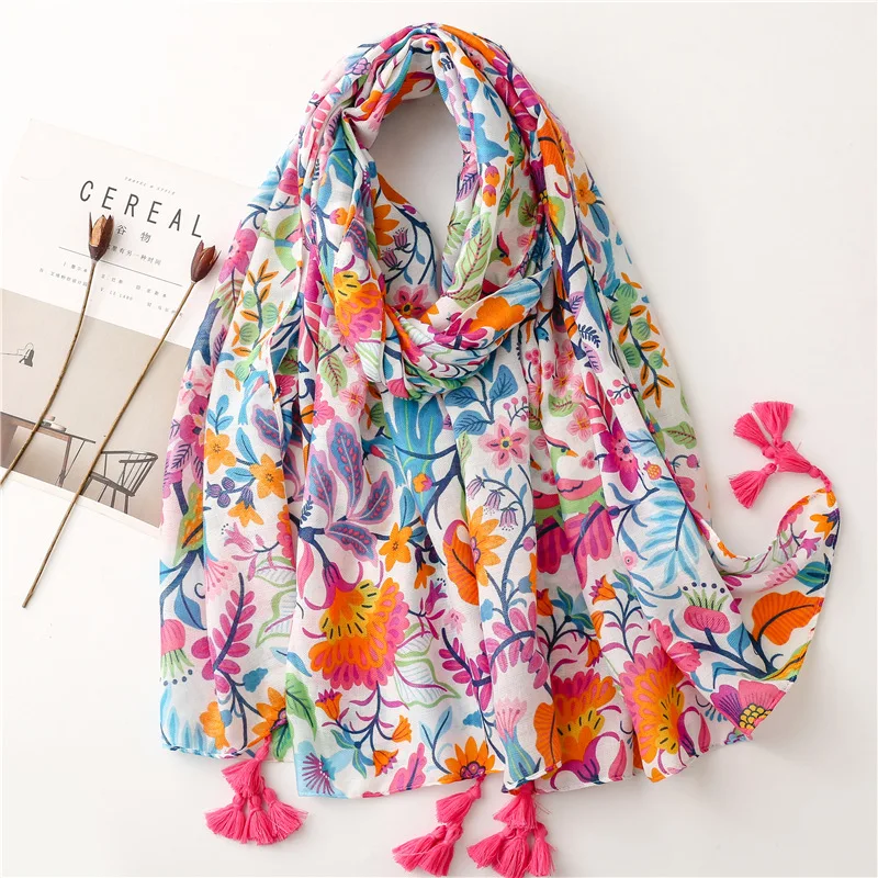 VISROVER 2022 Pink Flower Print Viscose Summer Scarf  Woman Luxury Wraps Poncho Beach Shawls Hijab Designer Scarves Dropshipping