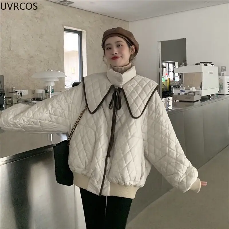 Winter Sweet Warm Cotton Coats Women Cute Turndown Collar Loose Casual Padded Jacket Solid Color Single Breasted Office Clothes