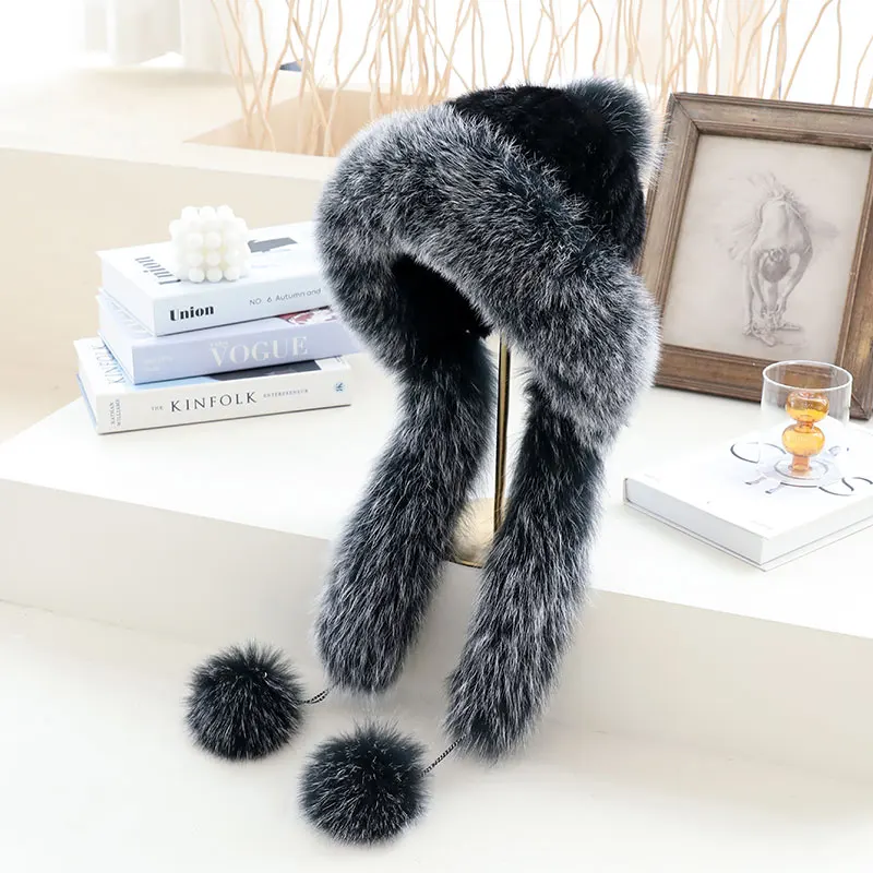 ZDFURS*2021 Korean New Mink Fur hats Woven Fur Caps Fox Hair Long Tassel Ball Warm Ear Protection Fashion Winter Hat Lady