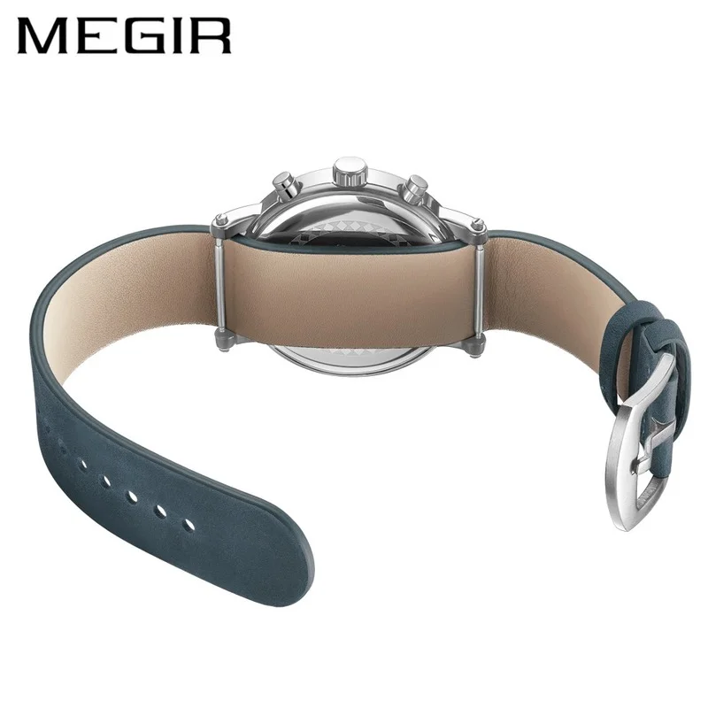 MEGIR Official Blue Leather Bracelet Men Sports Watch Luminous Waterproof Quartz Wristwatch Clock Relojes Hombre 2020 Modernos