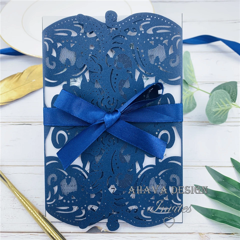 Blooming In Navy - Unique And Formal Invitation With Navy Rose Laser Cut Wrap