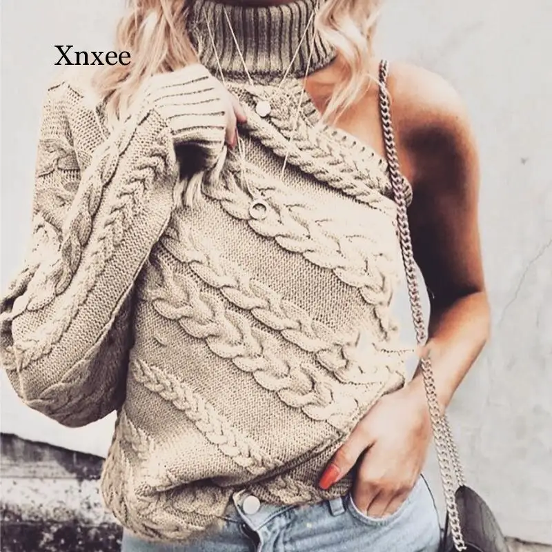 Women Off-Shoulder Single-Sleeved Irregular Knitting Sweater Autumn Winter Solid Turtleneck Twist Shirt Fashion Sexy Female Top