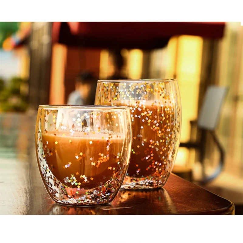 Transparent Glass Coffee Cup Double Wall Heat-Resistant Glass Cup Creative Sky Star Sequins Cup Whiskey Beer Milk Mug