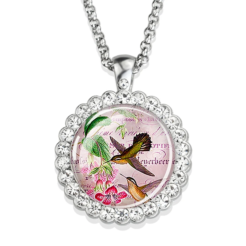 Hummingbird Necklace Cardinal Bird Art Picture Glass Rhinestone Pendant Silver Color Chain Cute Bird Jewelry for Women Men