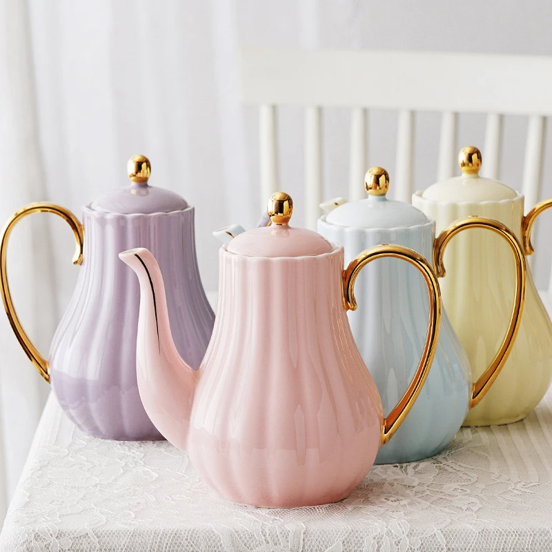 Macaroon Color Coffeeware Utensils Ceramic Afternoon Teapot Cup Set Pumpkin Shape Gardenia Printed Coffee Cup Kettle Set