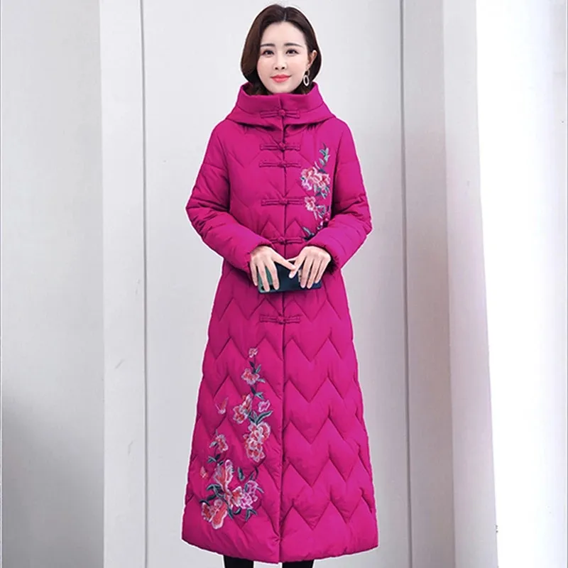 X-Long Parkas Women Thick Cotton Padded Jacket Winter Hooded Floral Embroidery Ladies Chinese Style Single Breasted Loose Coat