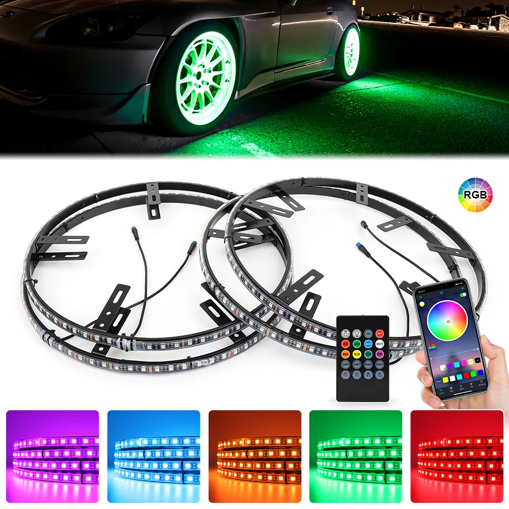 15.5 inch RGB LED Wheel Rim Lights Wheel Rings Lights Kits 1 Set Can be Controled by Remote Control or App for Cars Trucks ATV