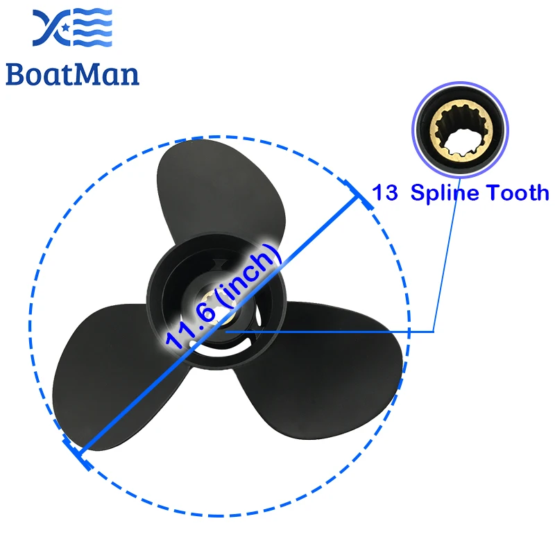 BoatMan® Propeller 11.6x11 For Tohatsu Outboard Motor 35HP 40HP 50HP 13 Tooth Spline 3T5B64523-0 Aluminum Boat Accessories