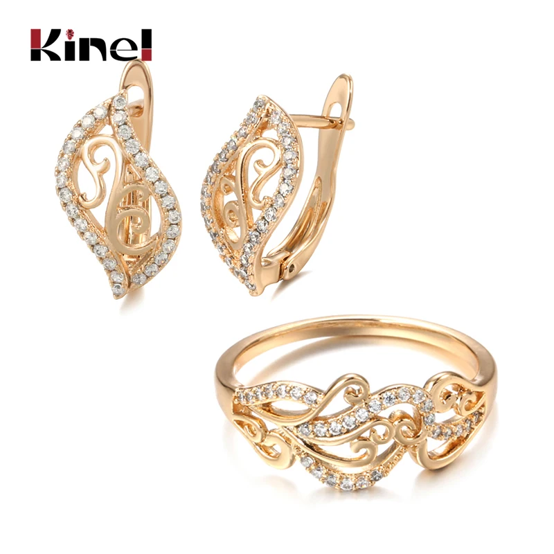 Kinel Hot Ethnic Bride Wedding Ring Earring Jewelry Sets 585 Rose Gold Hollow Flower Natural Zircon Rings for Women Fine Jewelry