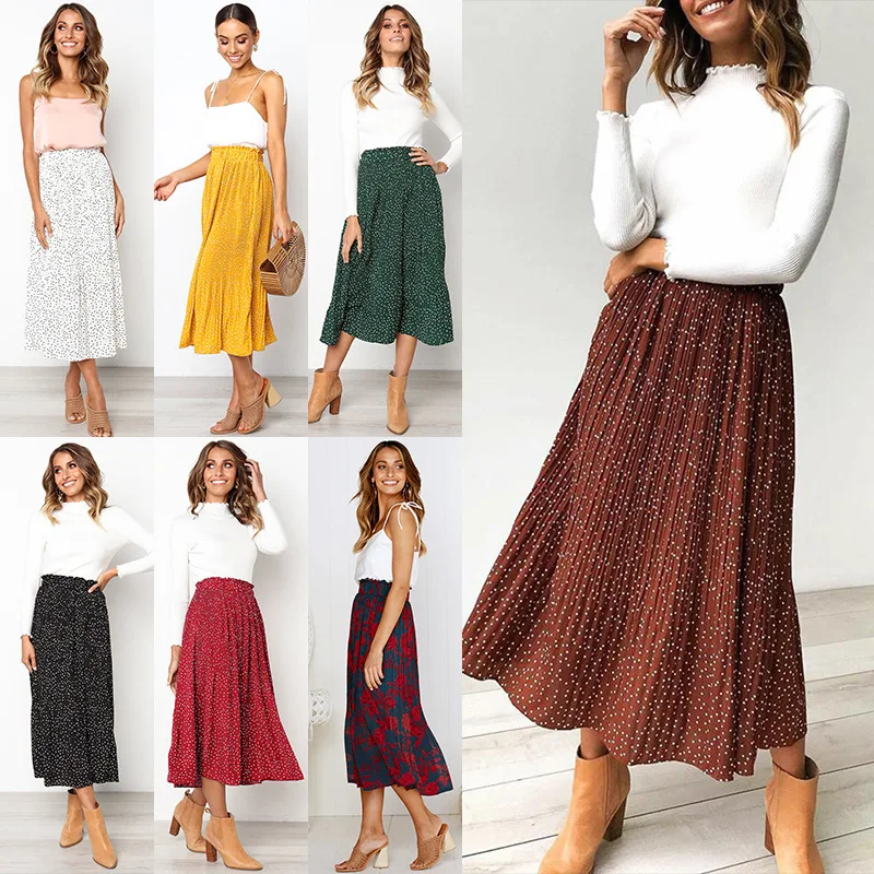 White Dots Floral Print Pleated Midi Skirt Women Elastic High Waist Side Pockets Skirts Summer 2024 Elegant Female Bottom