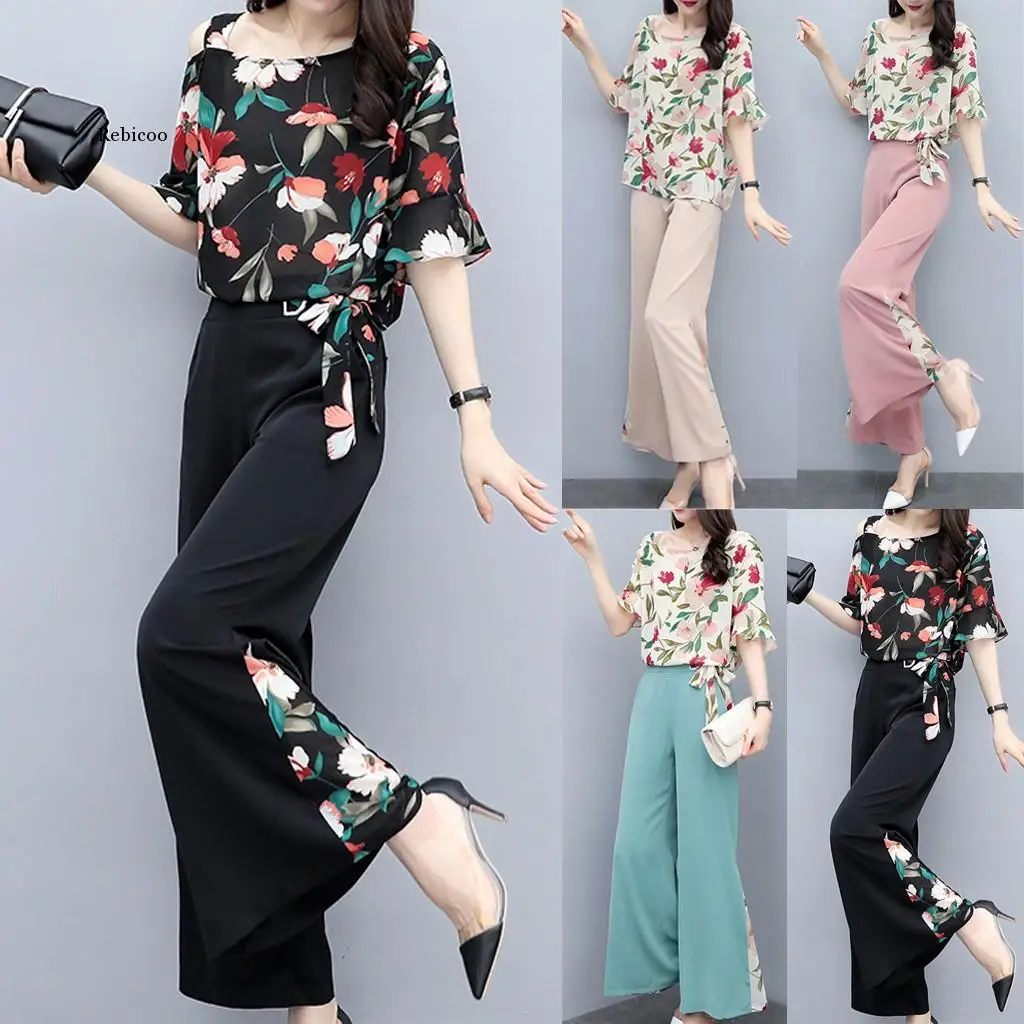 Fashion two piece set Summer Lady Split 2 Piece Elegant Chiffon summer sets Printing Suit Hot Sale