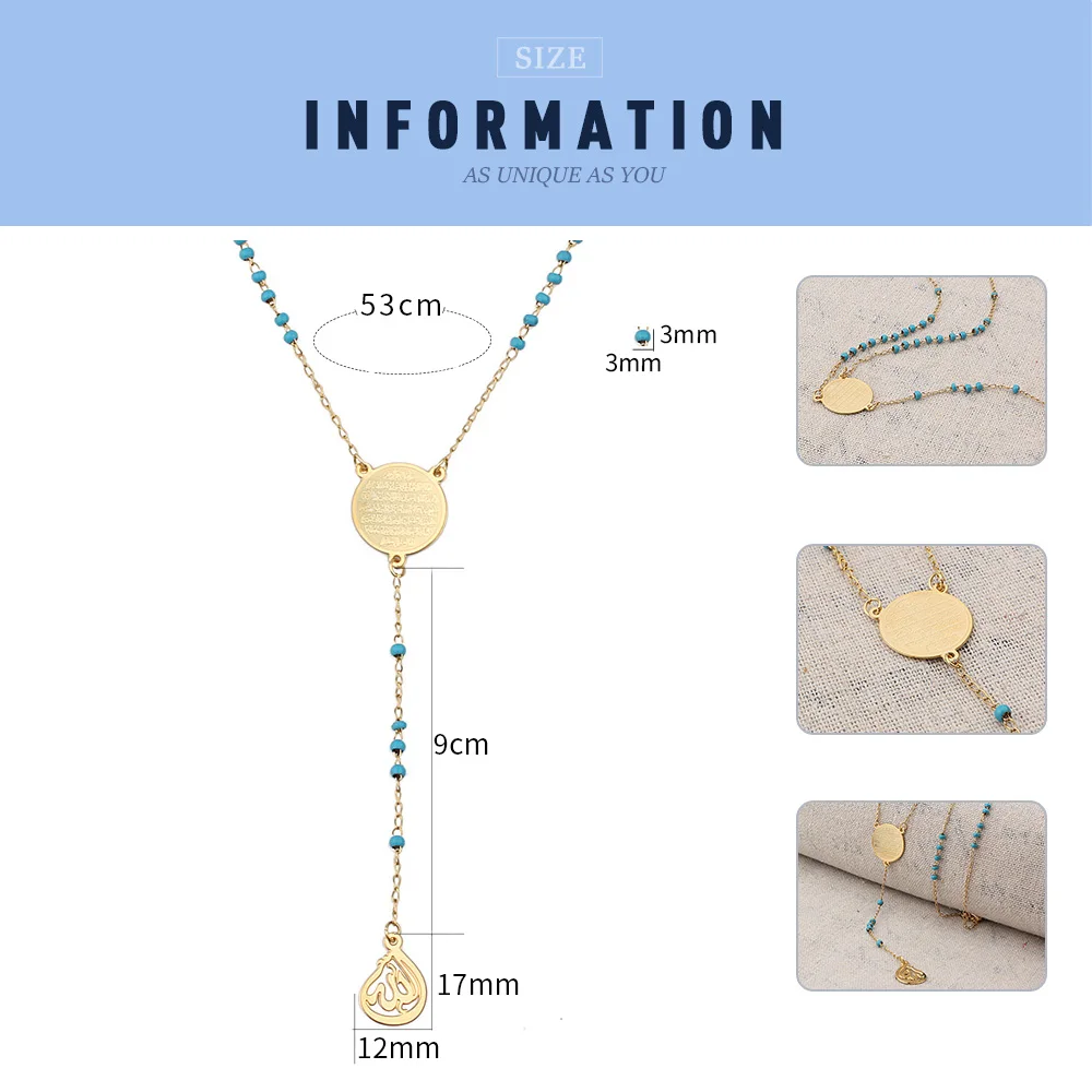 FINE4U N314 الفولاذ المقاوم للصدأ مسلم العربية المطبوعة قلادة قلادة الأزرق اللون الخرز عقد خرز سلسلة طويلة مجوهرات