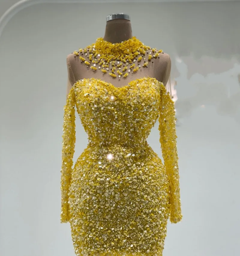 Custom Made Yellow Mermaid Evening Dresses Long Sleeves High Neck Beading Sequin Celebrity Prom Gowns For Women Party Dress