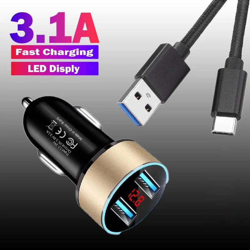 USB Type C Charging Cable 3.1A Car Charger Phone Adapter LED Display For Huawei P Smart 2021 2020 2019 Xiaomi Redmi Note 10 Pro