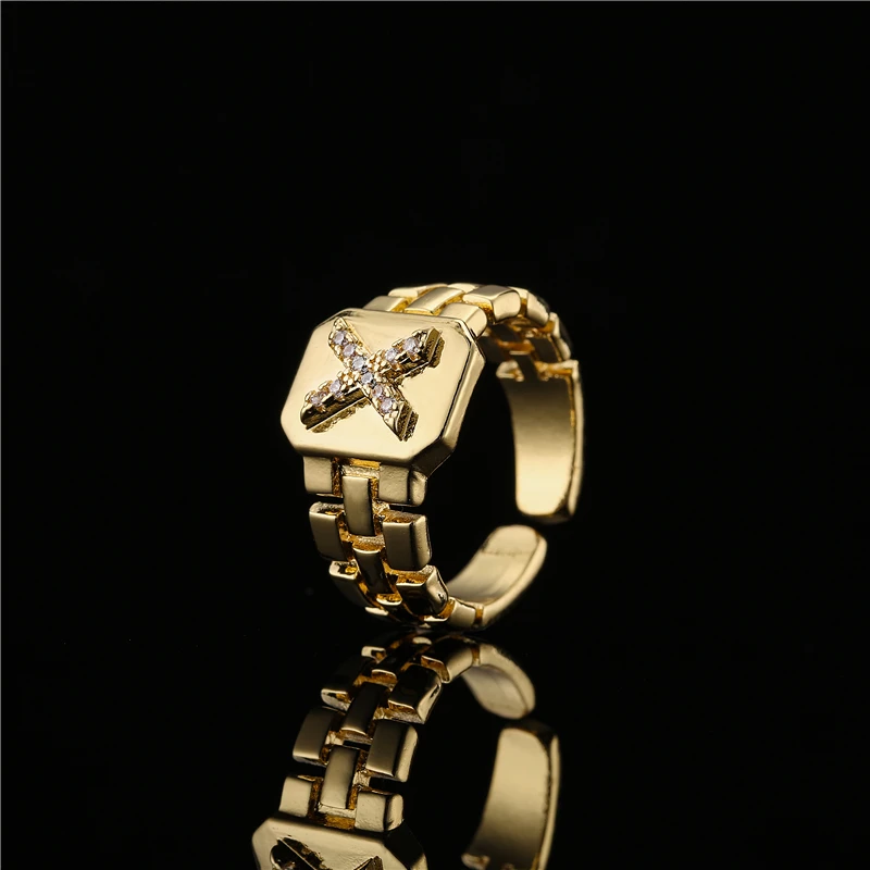 2024 New Fashion Gold Color Initial Ring Open Design Adjustable Hot Sale Watchband Chain 26 A-Z Letter CZ Rings For Women Girl