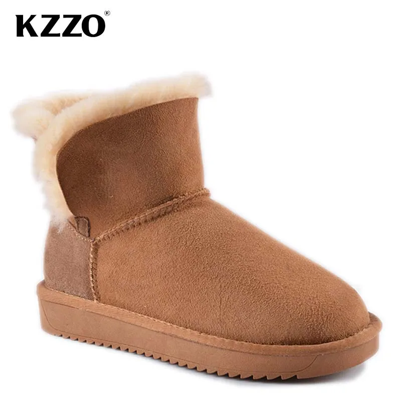 KZZO Real Sheepskin Leather Women Snow Boots Natural Wool Fur Lined Ankle Winter Warm Shoes Classic Casual Flat Boots Non-slip