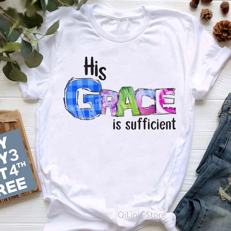 

Watercolor His Grace Is Sufficient Letter Print Tshirt Women'S Clothing 2024 I'M Chosen Not Forsaken T-Shirt Femme Summer Tops