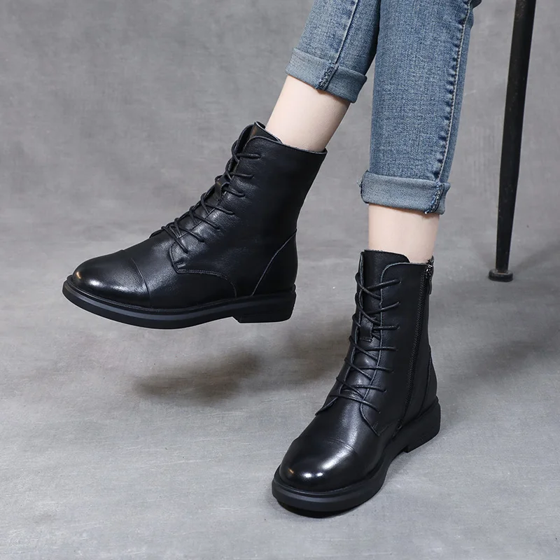 DRKANOL estilo británico Otoño Invierno Botas de Mujer 100% cuero genuino tacón plano Fondo suave cálido Botas a media pantorrilla Mujer Botas Mujer