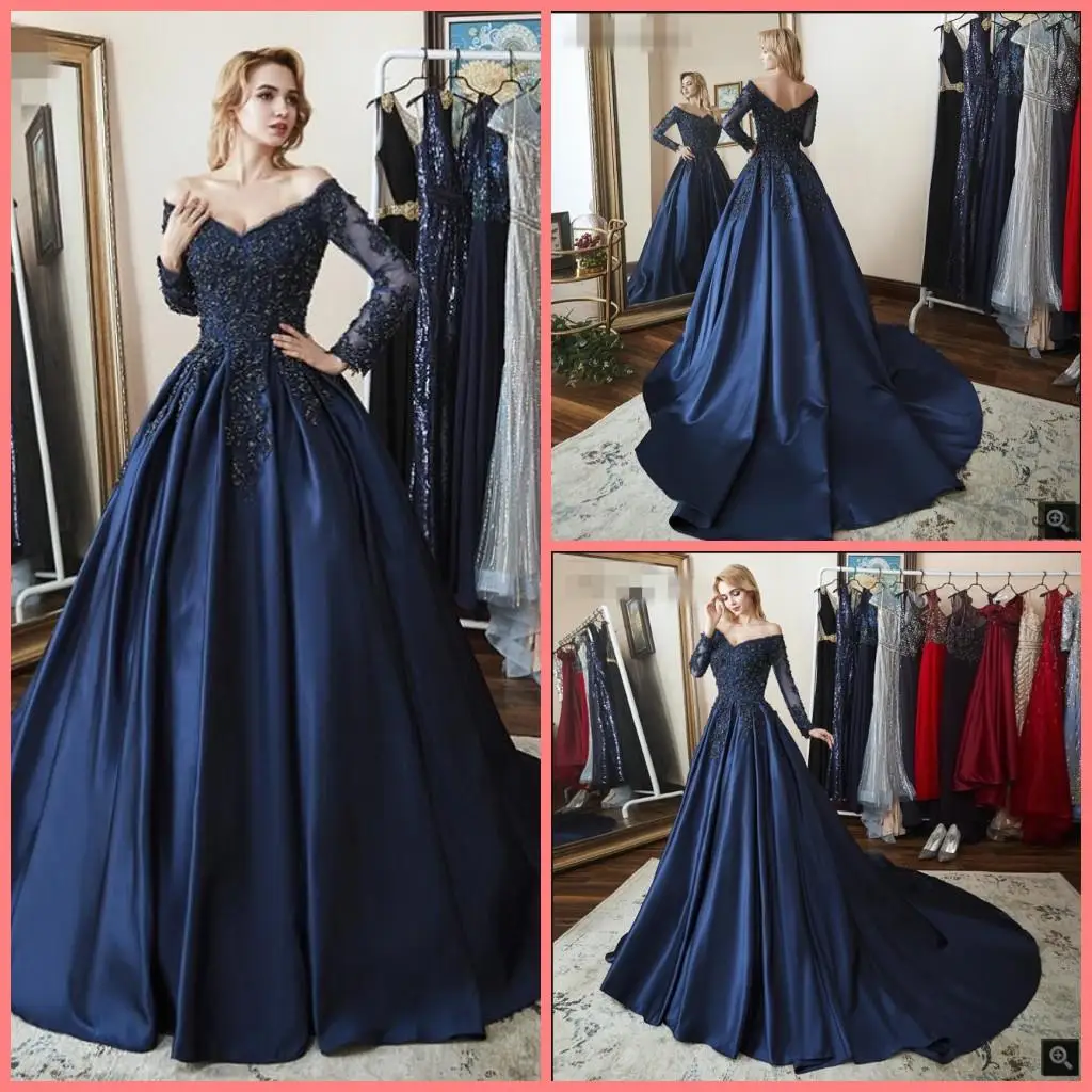 

ANGELSBRIDEP Navy-Blue V-Neck Ball Gown Dresses Vestidos De Anos Applique Long Sleeves Cinderella Birthday Gowns