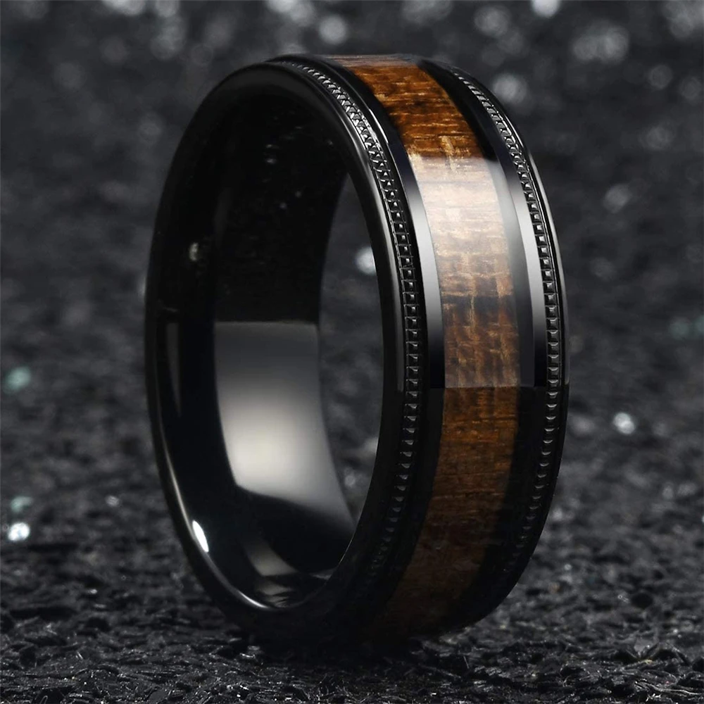 Fashion 8mm Black Tungsten Wedding Ring For Men Women Koa Wood Inlay Steel Engagement Rings Punk Men\'s Anniversary Jewelry Gifts