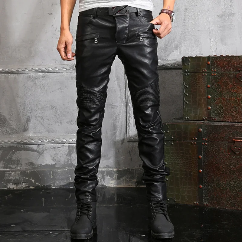 Men Motorcycle Leather Trousers Black Mens Fashion PU Leather Pants Riding Waterproof Motor Biker Male Street Pants Oversized