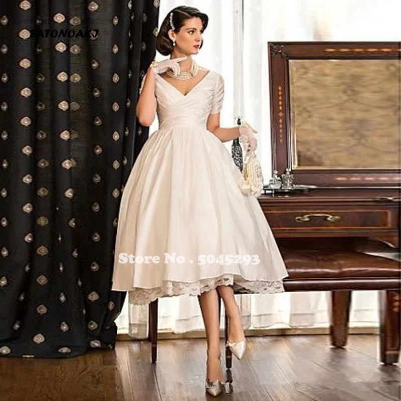 2024 Short Seeves Wedding Dresses V Neck Lace Satin Tea Length Bridal Gowns Custom Made Vestido De Novia Robe Mariage Undefined