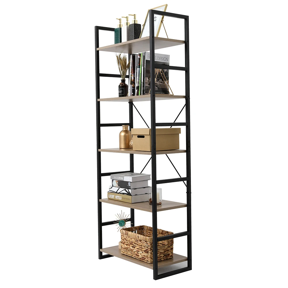 5-Tier Bookcase Storage Organizer Shelf High Quality Wood and Metal Bookshelf Rack X Frame Design 60x30x158CM Gray[US-Stock]