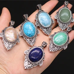 Natural Stone Pendant Egg Shape Turquoises Amethysts Pendant Zinc Alloy Lace Charms for Making Jewelry Necklace Size 30x55mm