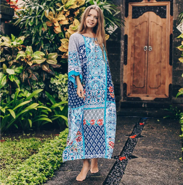 Bohemian In Hình Cổ Chữ V Rời Đi Biển Mùa Hè Đầm Cotton Áo Thun Nữ Đi Biển Quần Bơi Che Áo Dây De Plage