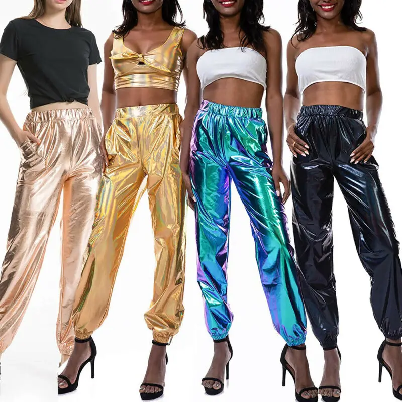 Women's Ladies Metallic Shiny Jogger Pants High Waist Holographic Color Trouser