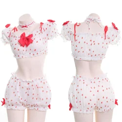 Women Sweet Strawberry Print Lingerie Set Ruffles Bowknot Crop Top Shorts Pajamas Kawaii Anime Lolita Cosplay Nightwear Lingerie