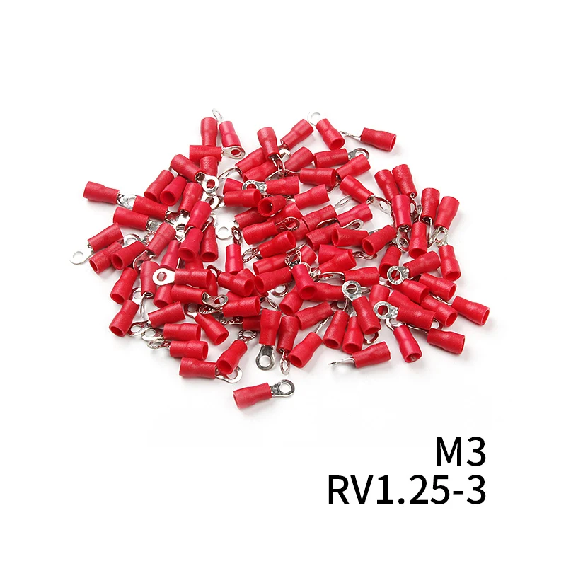 100Pcs RV1.25 Ring Insulated Wire Connector Red 12-10 AWG Electrical Cable Crimp Termminlas Suit for 0.25-1.65mm2 Kit