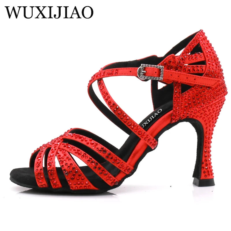 WUXIJIAO-Chaussures de brevLatine Astronomique en Satin pour Femme, Souliers de Salsa avec Strass Brillants, Talon de 9cm, Rouge et Bleu