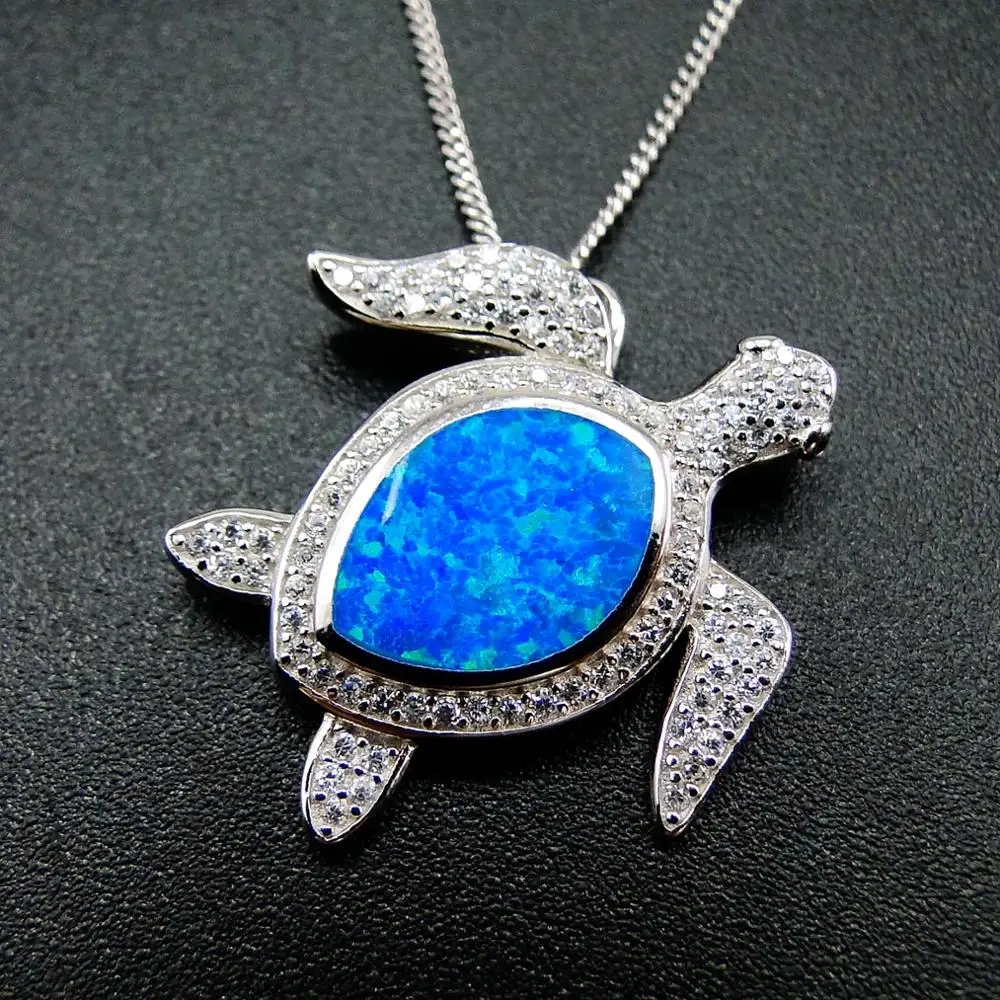 Hot Selling Pure 925 Sterling Silver Blue Fire Opal Sea Turtle Pendant Necklace For Gift